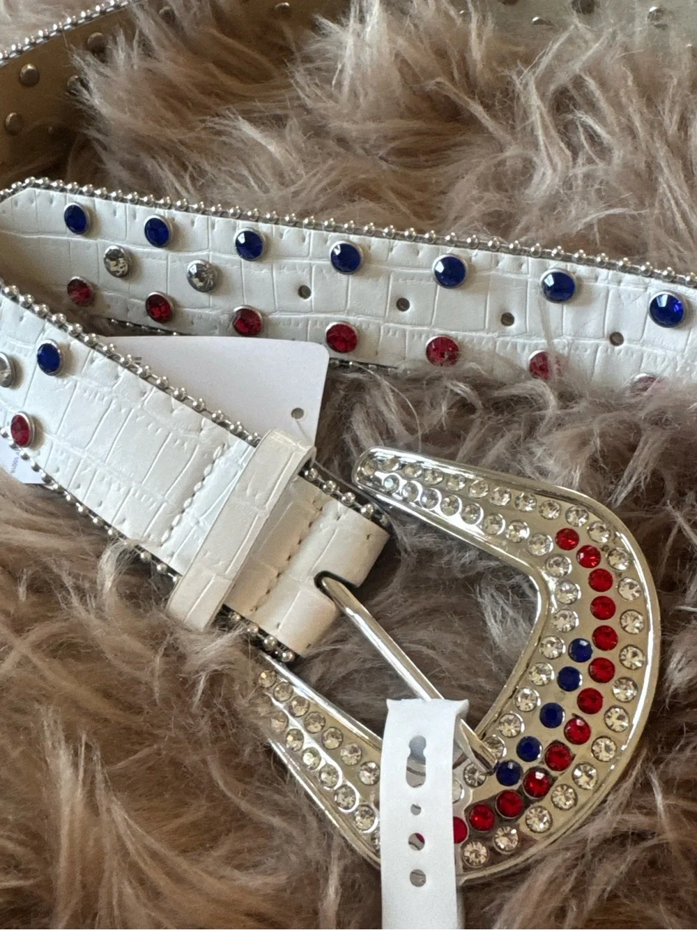 Patriotic belt rhinestones red white blue American flag beautiful chunky buckle